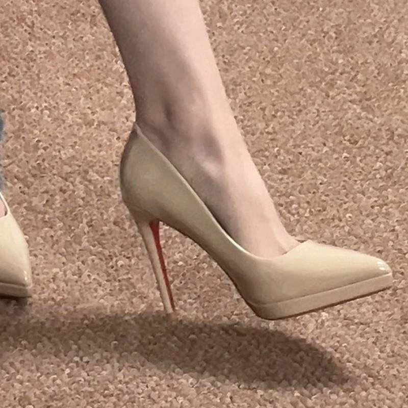 98053裸色浅口高跟鞋女细跟红底新款防水台不累气质尖头职业单鞋