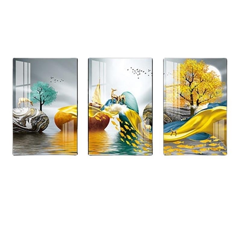 简约客厅沙发背景墙三联画装饰画新中式大气壁画晶瓷山水挂画家居