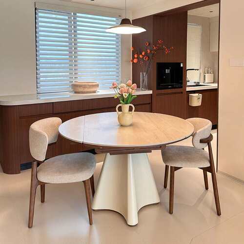 中古奶油风岩板餐桌可变圆桌家用实木餐桌小户型法式饭桌简约高级