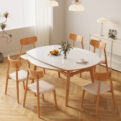 新款奶油风实木岩板餐桌椅组合法式小户型伸缩饭桌方圆两用吃饭桌