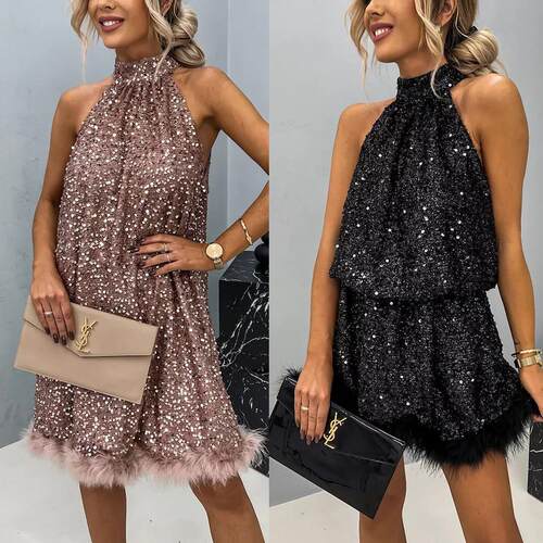 Party sequin hanging neck dress with lace up sleeveless