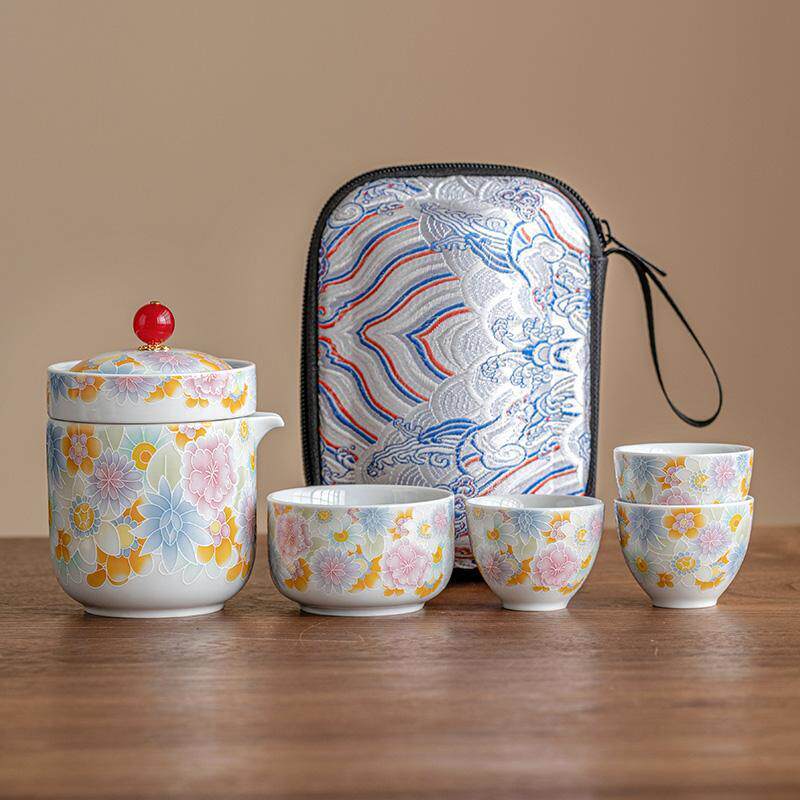 仿古釉万花旅行茶具套装功夫泡茶壶茶杯一壶四杯户外便携式快客杯