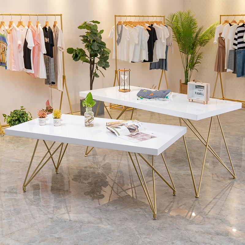 服装店展示台长方形落地架北欧铁艺实木装饰桌简约中岛高低流水台图片