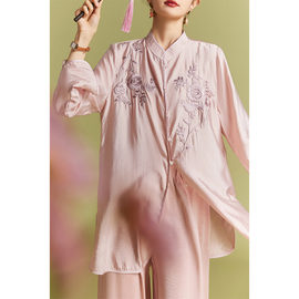 素木新中式刺绣雪纺衬衫女2024年夏季衬衣时尚，中长款大码女装