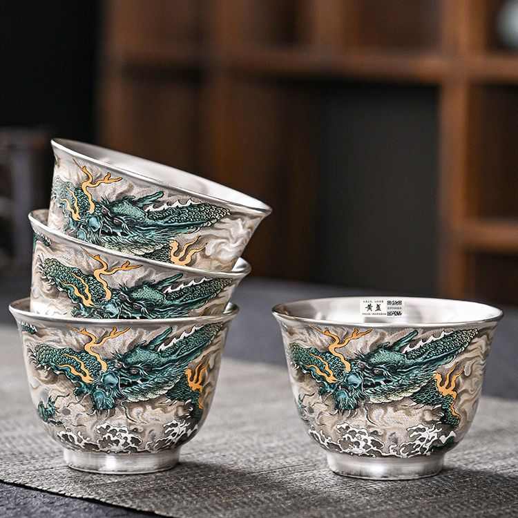 茶具礼品银杯子真银银质上做画青龙茶杯功夫茶杯茶盏陶瓷鎏养生银