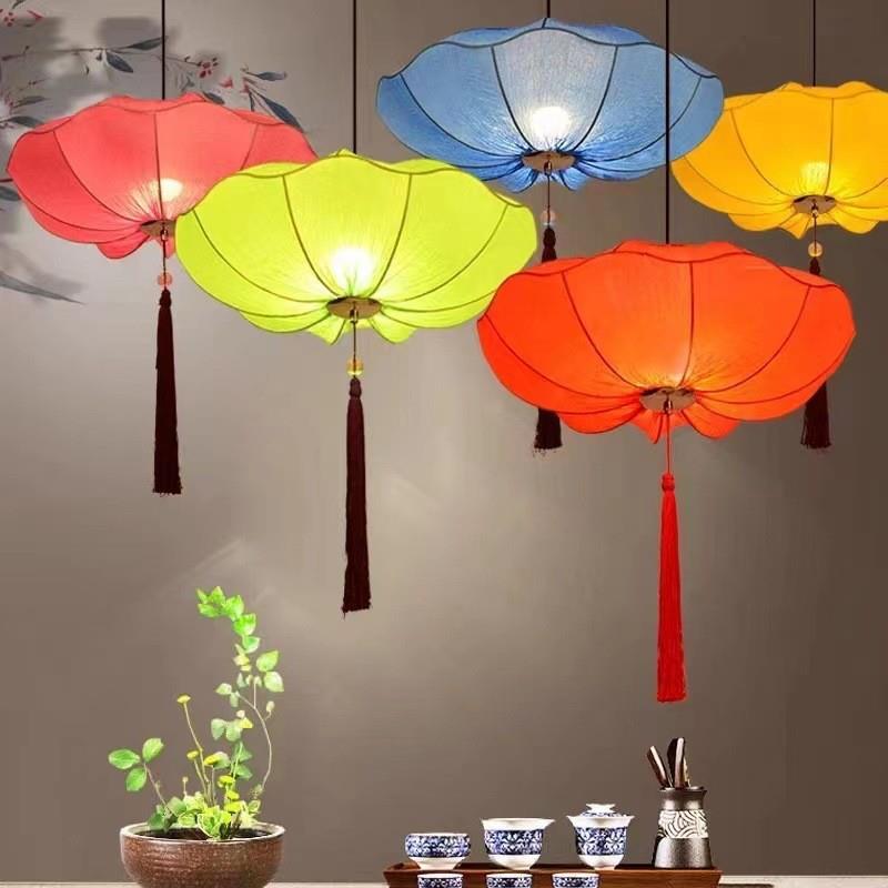 古典荷叶灯具新中式灯笼火锅店茶餐厅灯婚庆布艺仿古飞碟吊灯