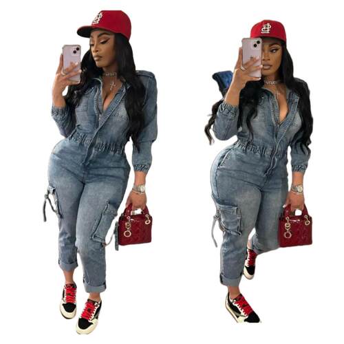 Womens Denim Jumpsuit with Pockets Elastic for Work Street
