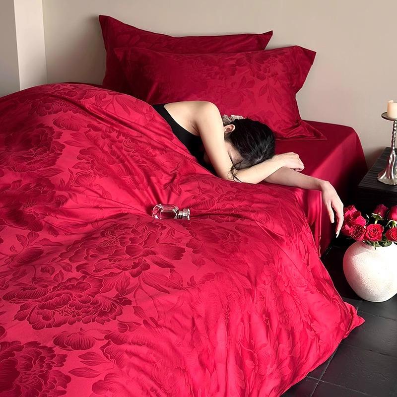 简约婚庆100S全棉长绒棉四件套大红提花被套床单纯棉结婚床上用品