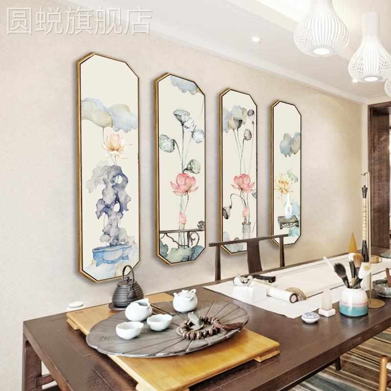 新款新中式装饰画中国风客厅荷花八边形沙发背景墙禅意四条屏壁画图片