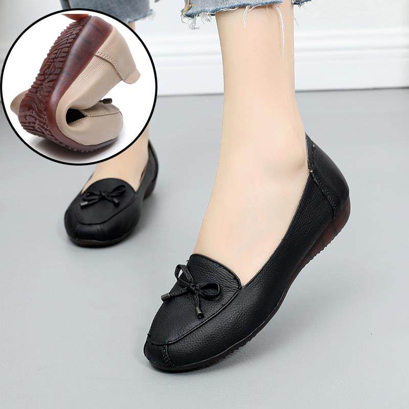 高档春秋防真皮底豆豆鞋女休闲鞋牛筋底妈妈皮鞋单鞋软滑中老年女