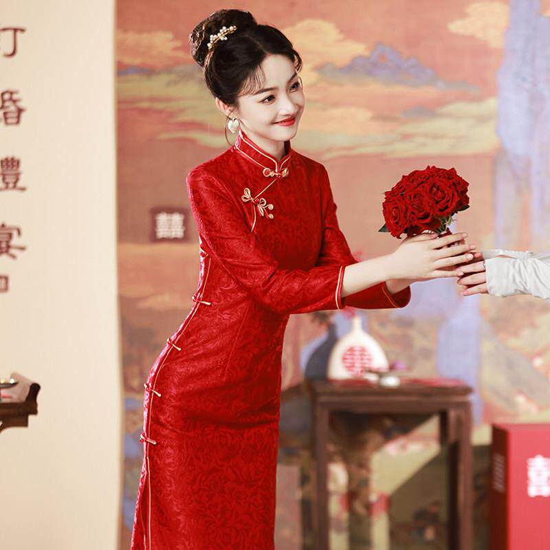 Ocnltiy红色改良旗袍敬酒服新娘春秋季年轻款结婚订婚礼服连衣裙