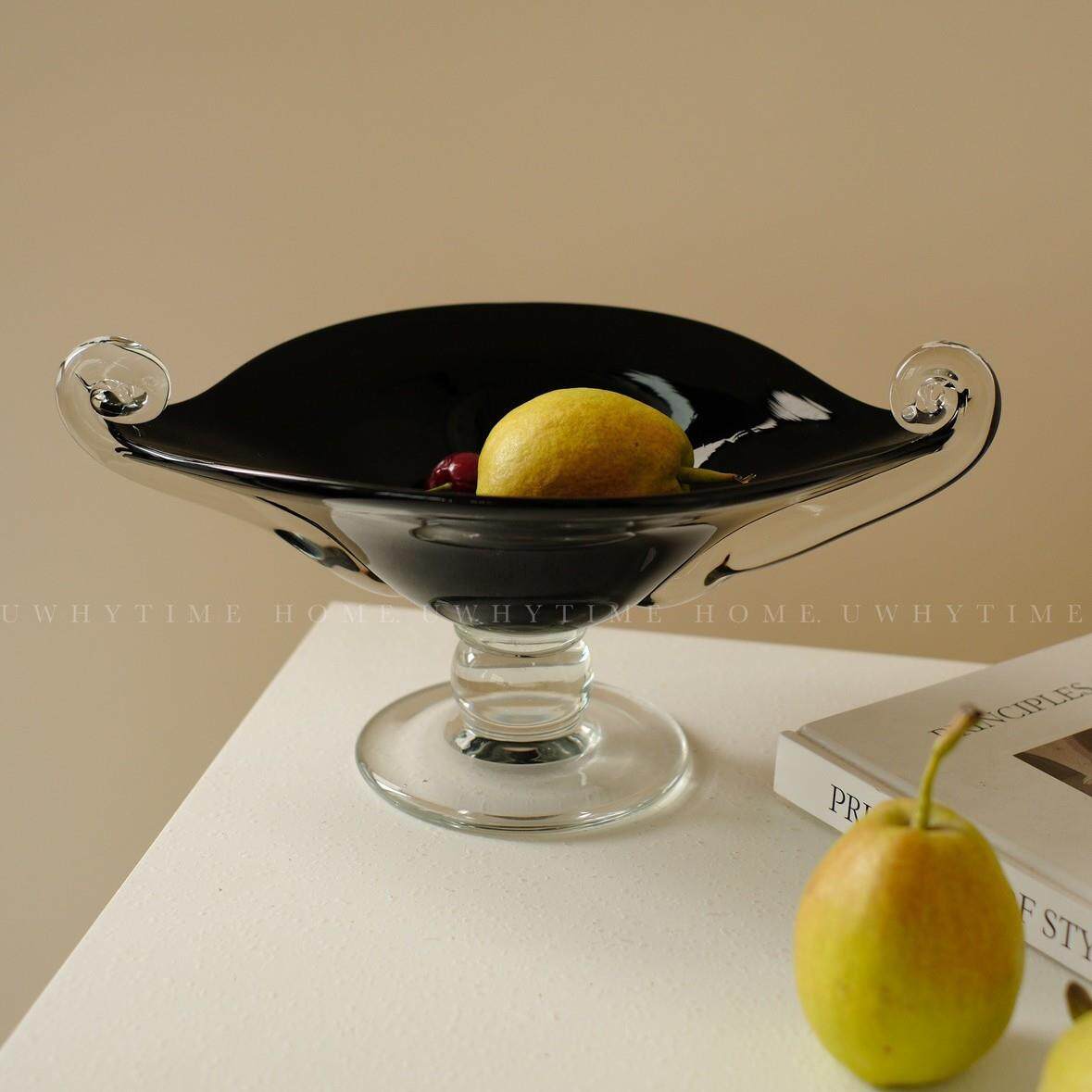 透明耳朵法式复古中古风高脚手工琉璃水果盘首饰装饰盘软装摆件