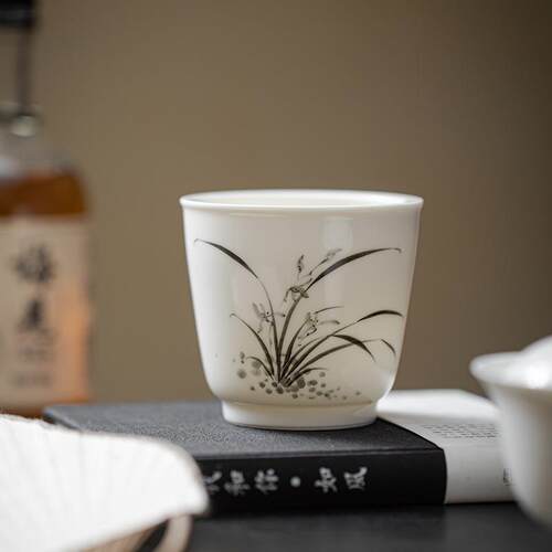 弥言纯手绘兰花建水茶渣缸家用陶瓷水盂小号茶杯洗茶道配件釉下彩