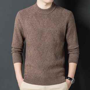 衫 冬季 花打底针羊毛衫 YA中年男织士羊绒休闲圆领扭加厚款 青8869