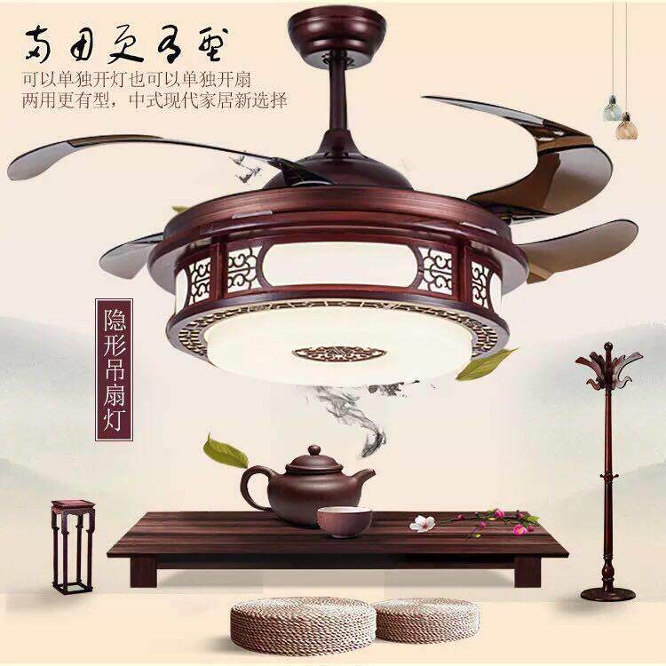 中式扇灯吊饭厅隐形1扇灯厅灯具吊木艺变频实木52寸48客中国风红