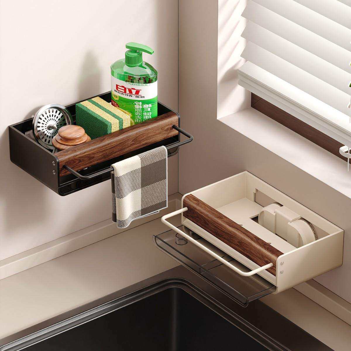 胡桃木吸盘厨房置物架壁挂免打孔水槽水池多功能抹布沥水收纳架子