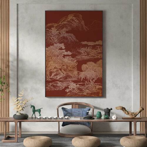 新中式装饰画客厅玄关壁画红色山水抽象肌理线条艺术感挂画