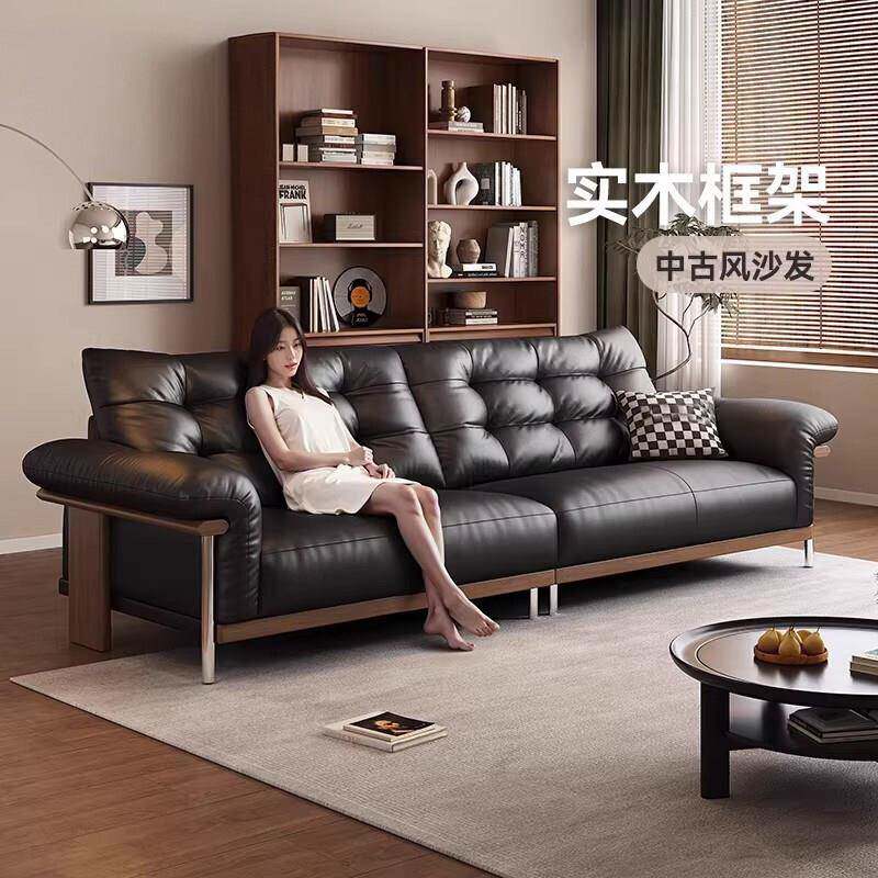 中古风真皮沙发复古头层牛皮2026新款小户型直排黑色客厅实木沙发