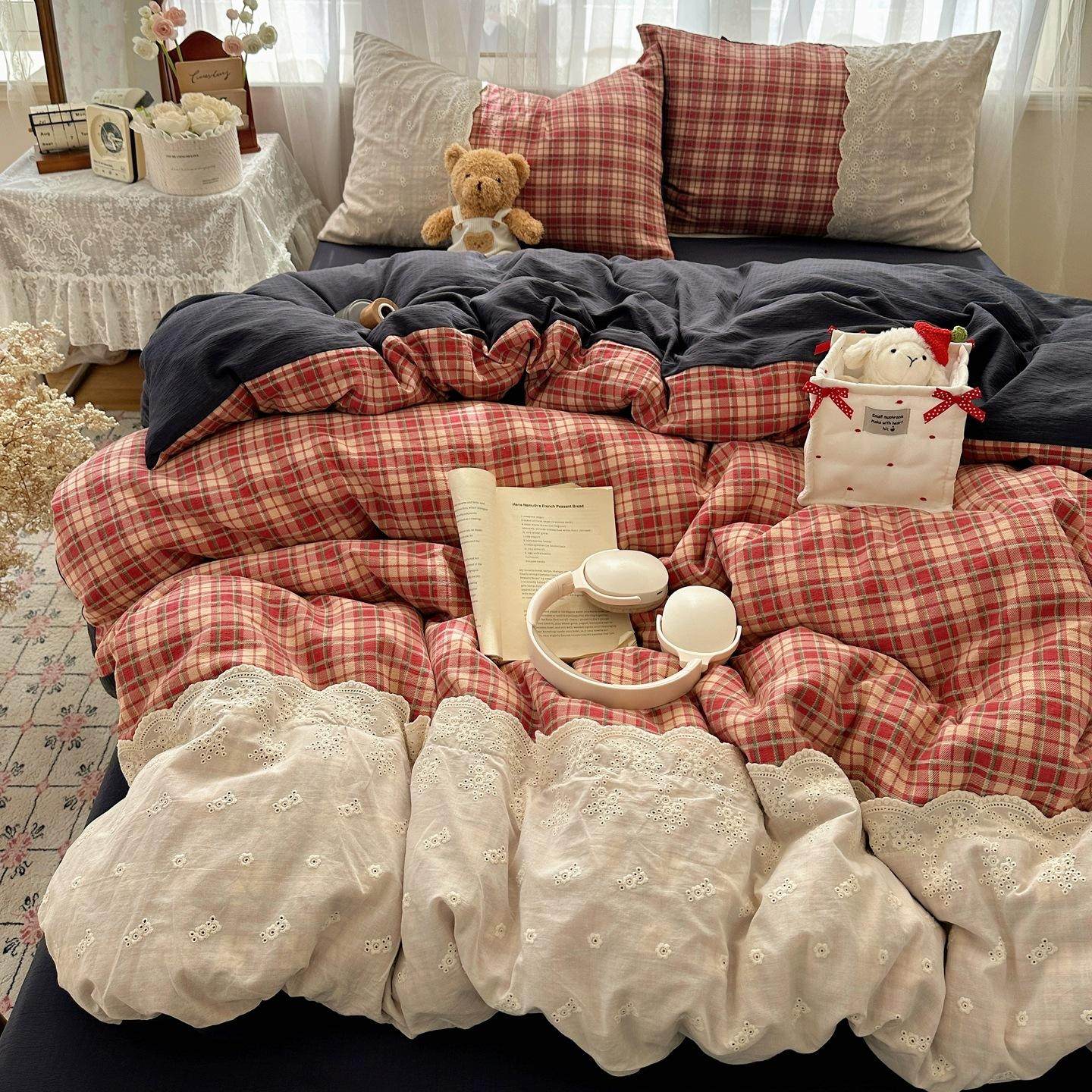 A类床上用品四件套法式复古条纹格子家用被套床单学生宿舍三件套,床上用品,床单,淘宝优惠券,粉丝福利购,淘宝优惠卷