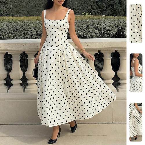 Women Polka Dot Dress Backless Spaghetti Strap Sundress