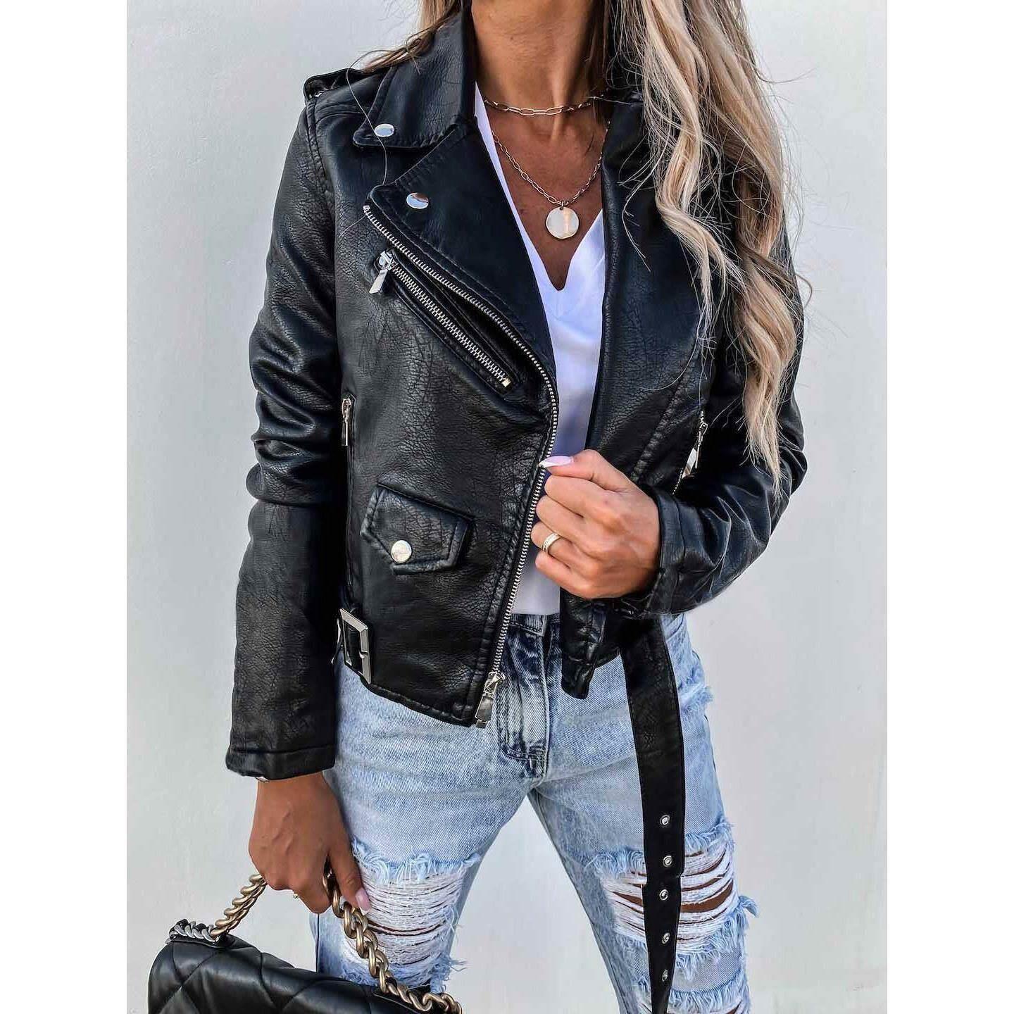 欧美风拉炼机车pu皮衣外套 S-3XL jacket women fur coat leather