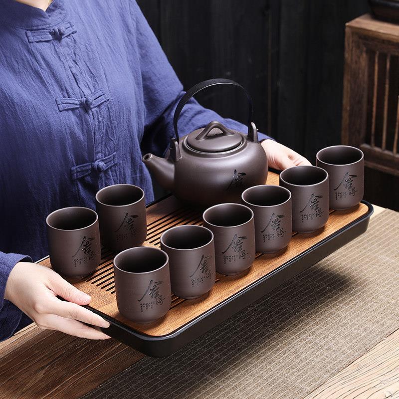 偲逸紫砂大容量提梁壶功夫茶具套装家用覆古茶壶茶杯礼盒装送茶托