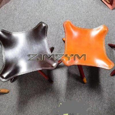 Retro Folding Stool, Portable Four-Legged Seat, Leather