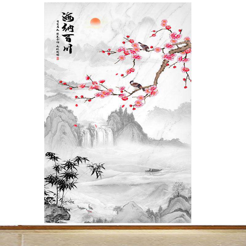 竖版玄关山水画海纳百川客厅背景墙装饰画富贵有余水墨招财墙贴画