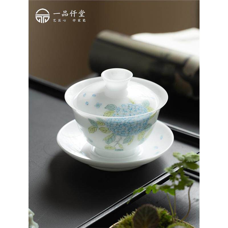 一品仟堂手绘盖碗茶杯三才德化白瓷冰种茶具国画牡丹茶碗单个高档