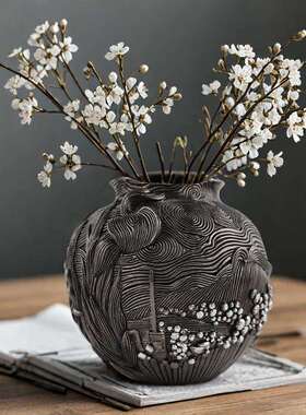 海外热销梵高灵感暗夜复古艺术花盆家居客厅简约插花黑色花盆摆件