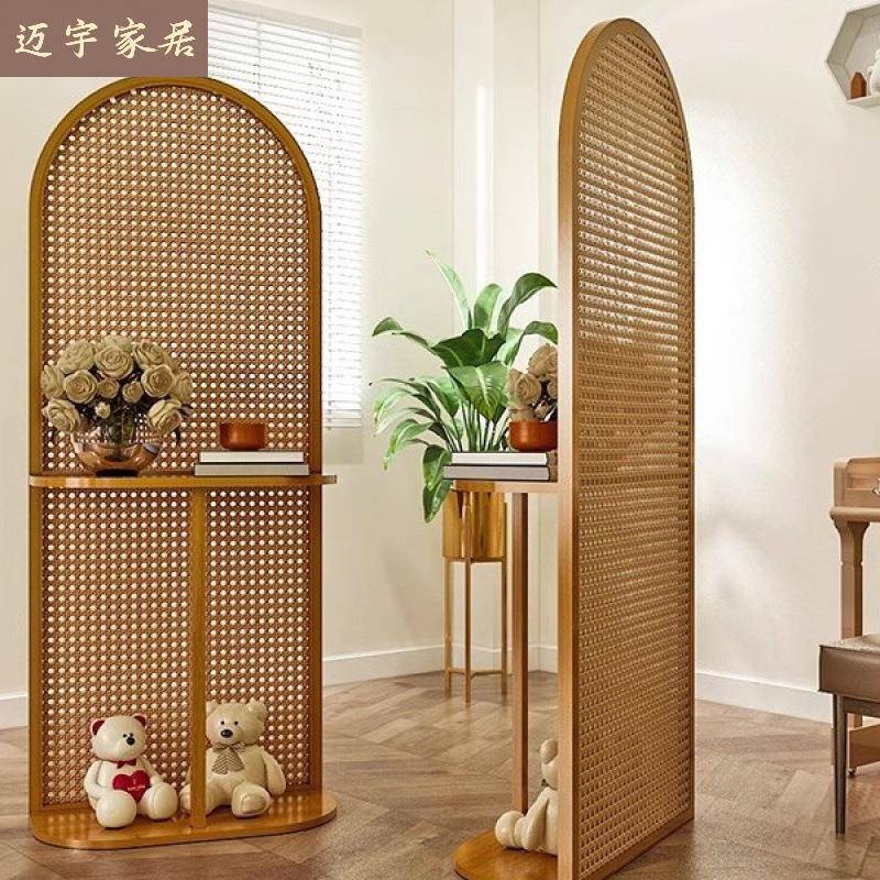 新中式实木屏风置物架藤编玄关柜中复古入户隔断角柜客厅靠墙花架