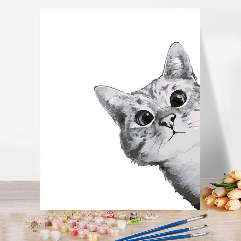 厂家diy数字油画手绘油彩画卡通动物填充涂色数码画黑白猫咪