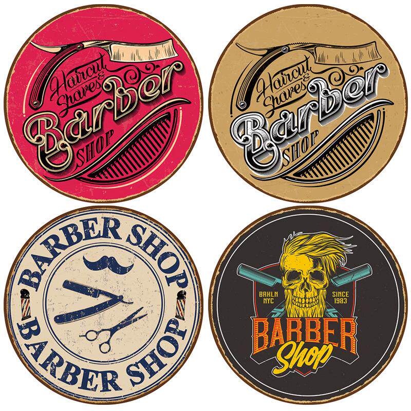 2024新款barber shop圆形复古铁皮画 理发店背景墙壁无框装饰挂画