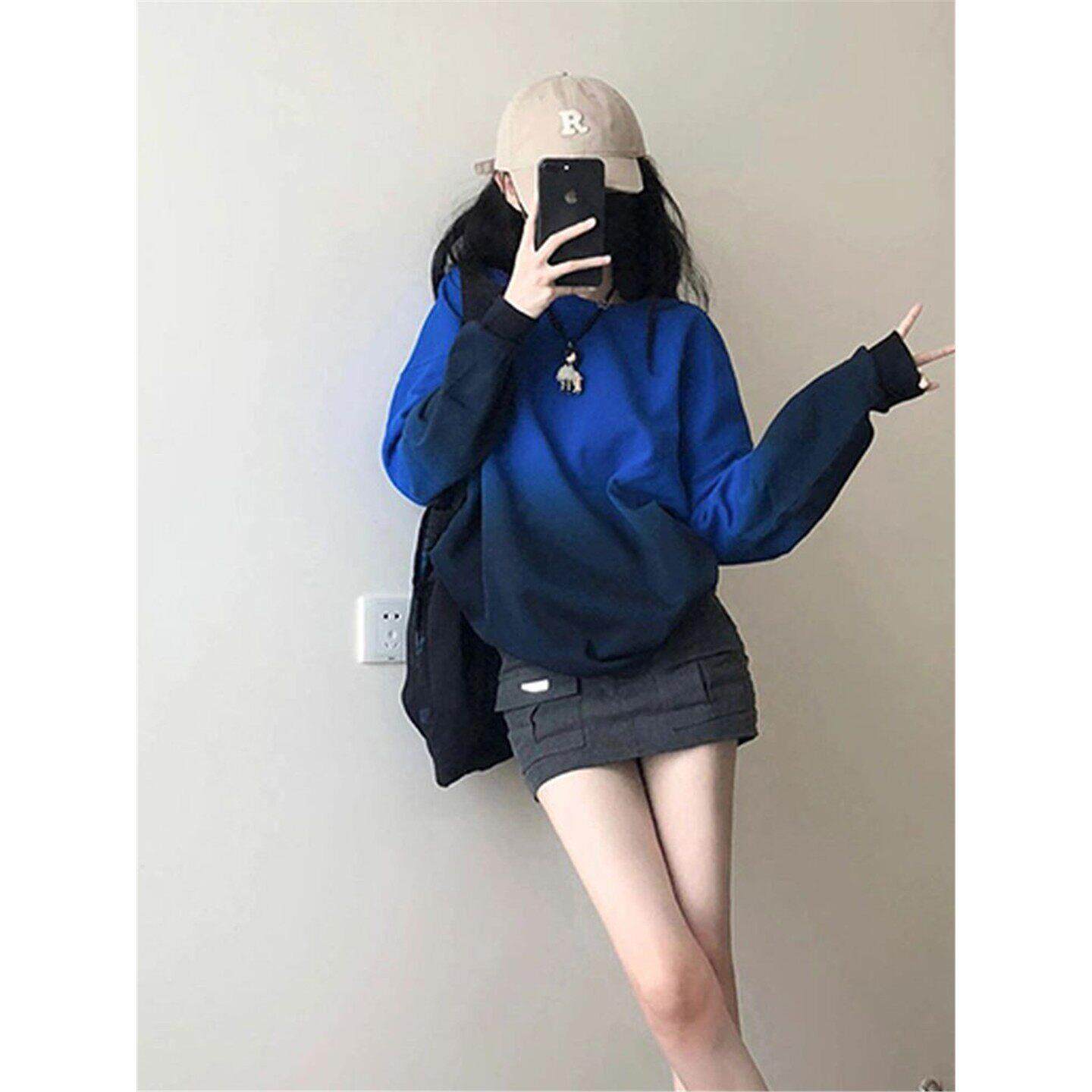 简珀美式蓝色渐层色圆领加绒卫衣女春秋新款爆款高端休闲百搭上衣