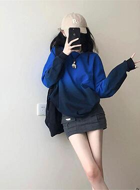 简珀美式蓝色渐层色圆领加绒卫衣女春秋新款爆款高端休闲百搭上衣