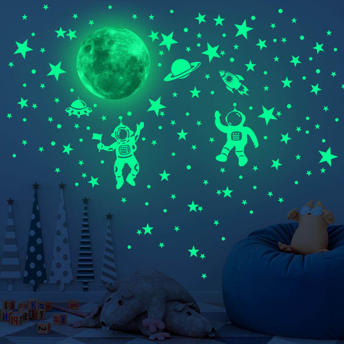YJ008夜光宇航员星球墙贴纸夜光贴背景墙客厅房间装饰自粘墙贴