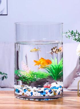 玻璃鱼缸客厅金鱼缸水族现代轻奢创意圆形圆柱大号培景装饰摆件