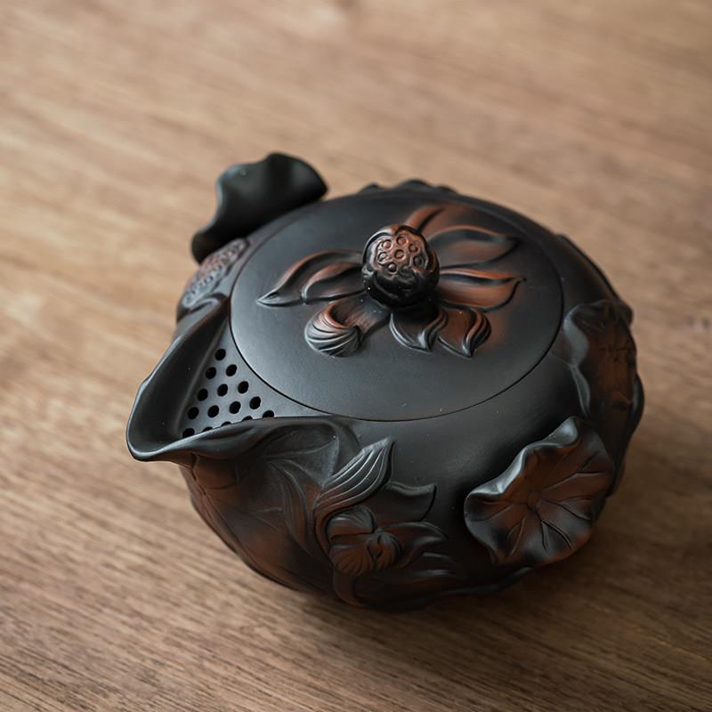 建水紫陶茶壶手工浮雕荷韵手抓壶泡茶防烫手高档茶壶茶杯家用茶具