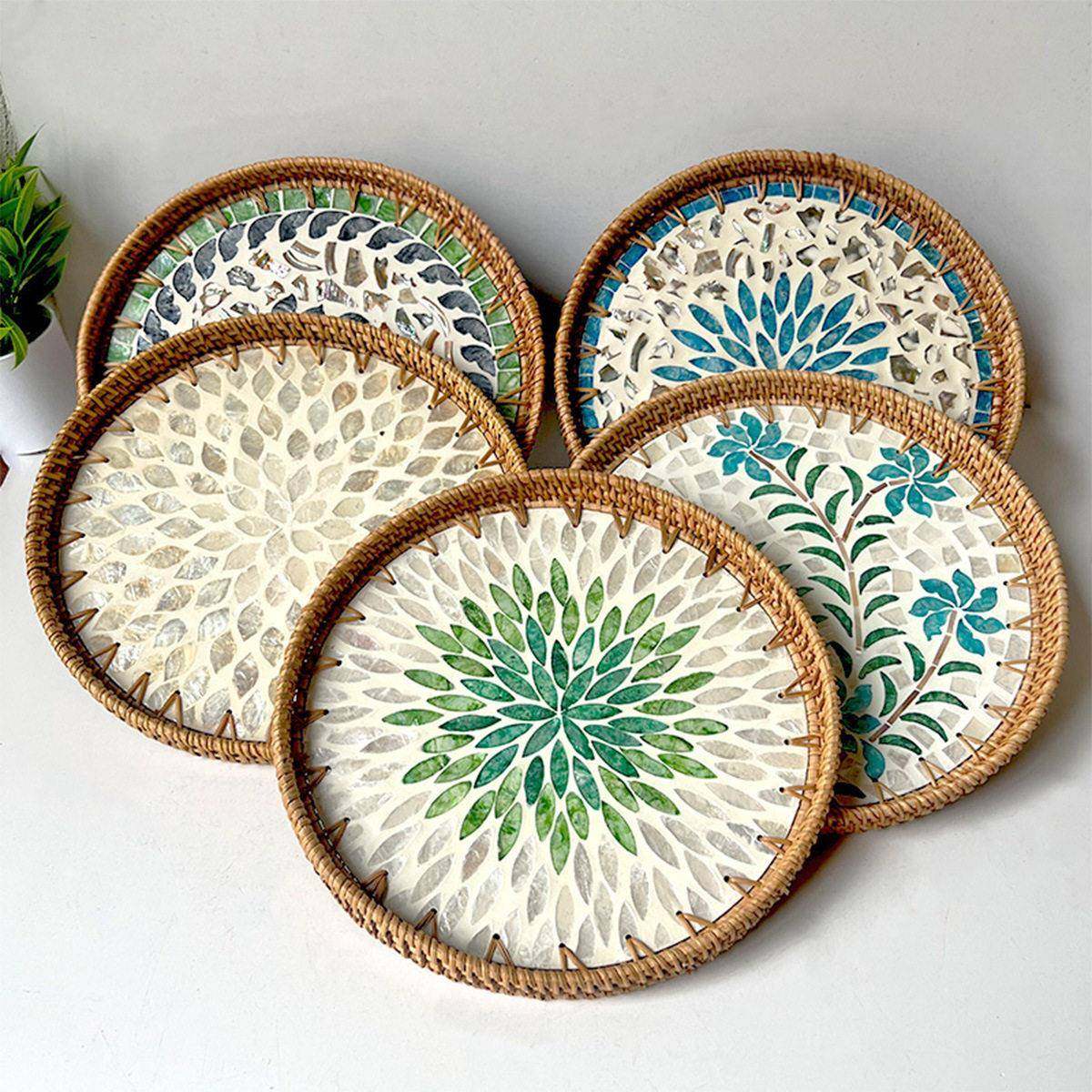 手工藤编天然秋藤贝壳托盘桌面收纳客厅水果茶几点心篮套装,餐饮具,餐用托盘,淘宝优惠券,粉丝福利购,淘宝优惠卷