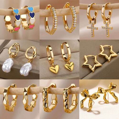 Cross Stainless Steel Earrings for Women Zircon Gold Plated