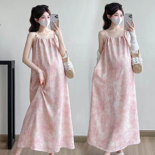 孕妇连衣裙2025夏天时尚画染冰丝雪纺露肩吊带裙子孕妇装防晒长裙