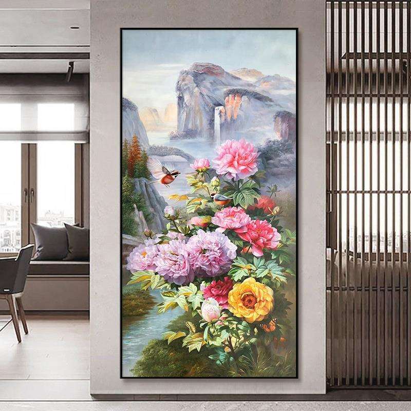 牡丹花手绘油画新中式玄关装饰画山水风景画花卉客厅花开富贵挂画