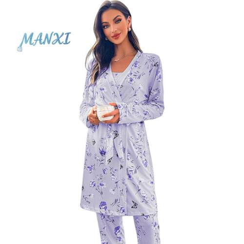 Floral Print Lounge Robe Cami Pants Pyjama Set Casual Comfy