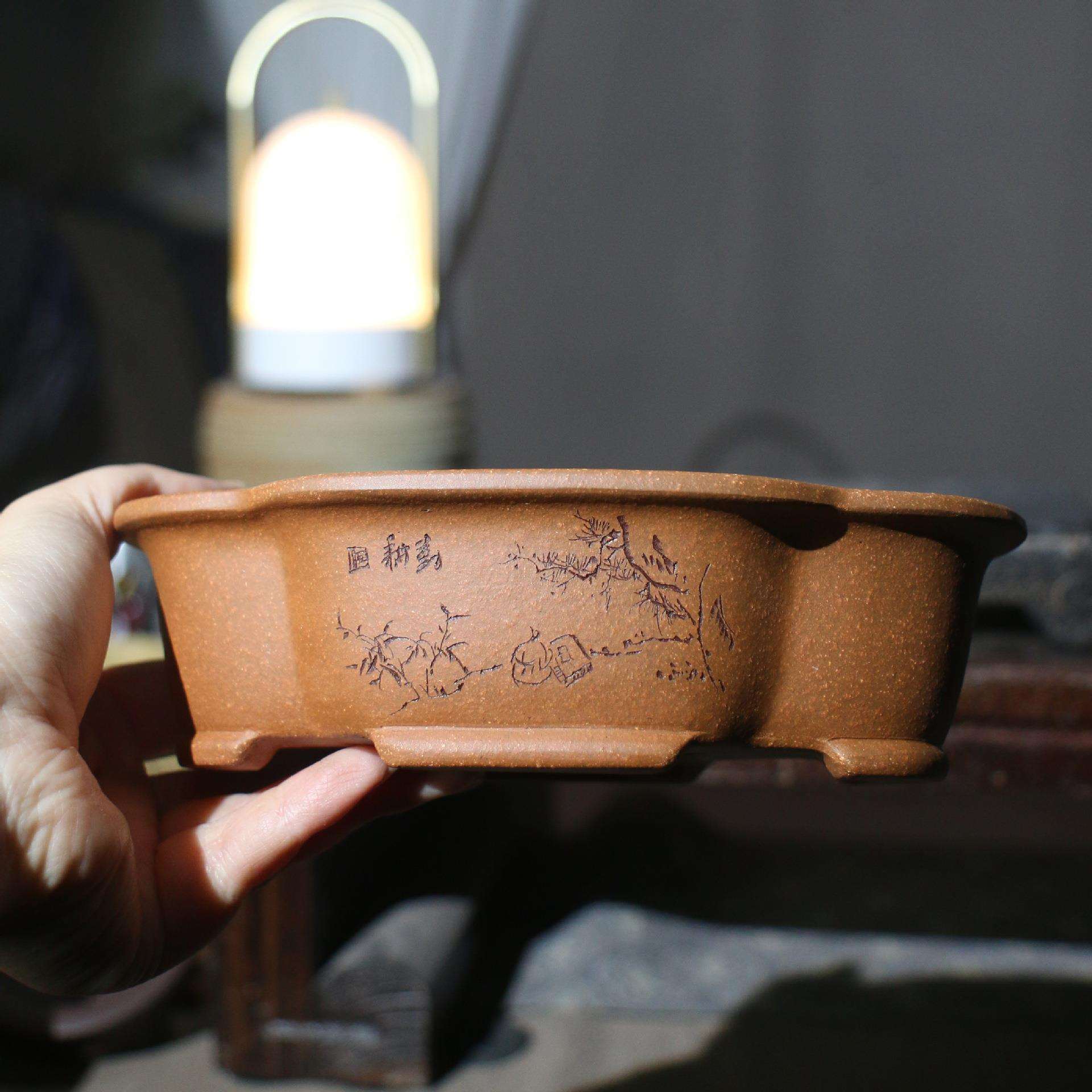 紫砂花盆苏兵海棠形椭圆形花瓣形木瓜形名家盆手工刻绘精品盆景盆
