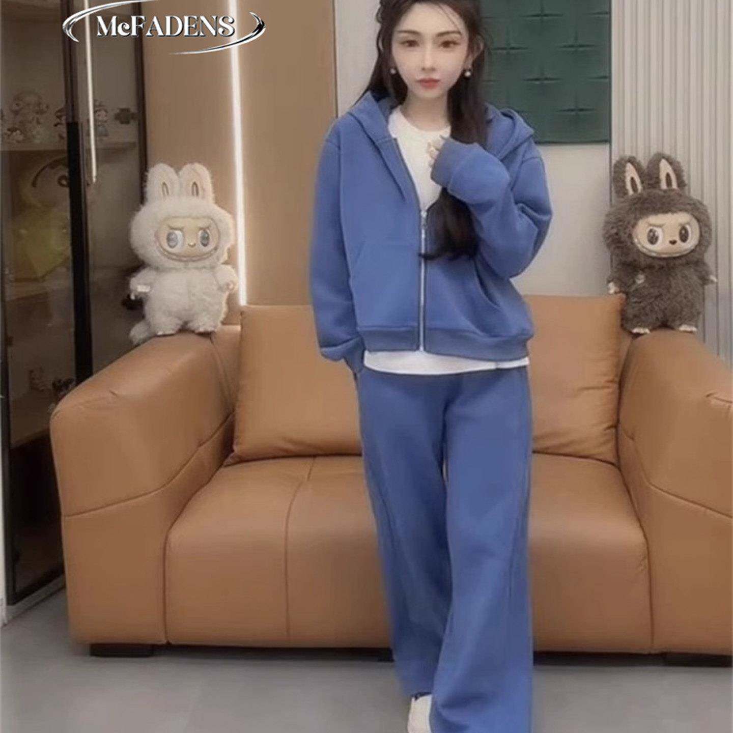 香港秋冬新款韩系时尚减龄显瘦连帽外套阔腿裤休闲加绒卫衣套装女