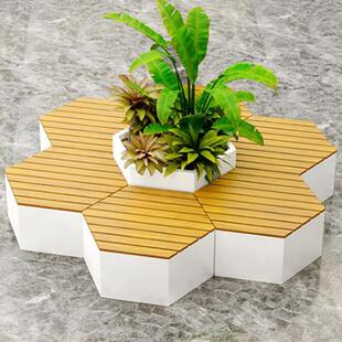 户外玻璃钢坐凳异形防腐木不锈钢座椅金属六边形花盆休闲椅子