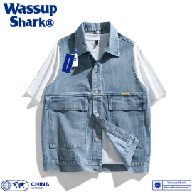 wassupshark美式牛仔马甲男春秋夏复古(夏复古)工装，坎肩休闲百搭翻领上衣