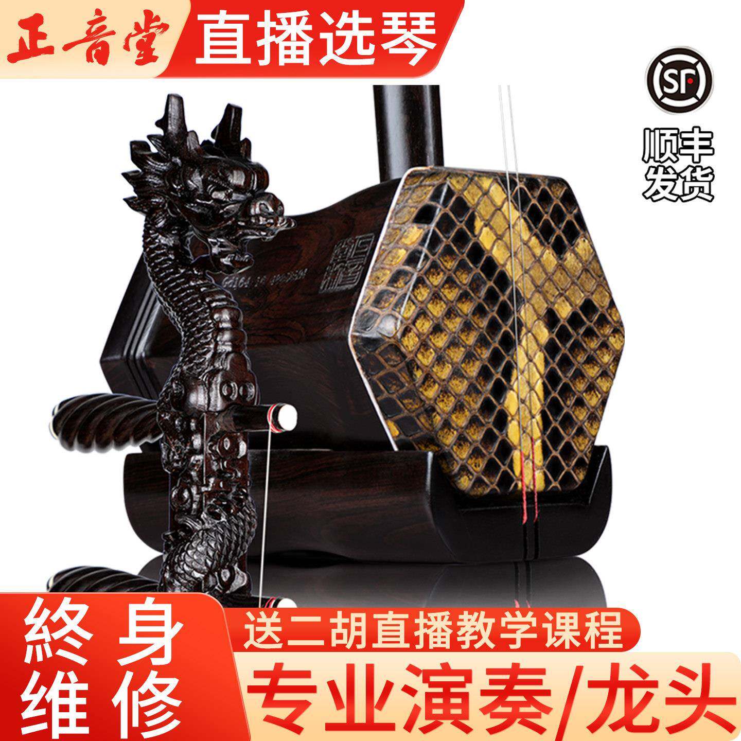 正音堂二胡乐器成人专业演奏厂家直销乌木黑檀手雕龙头二胡
