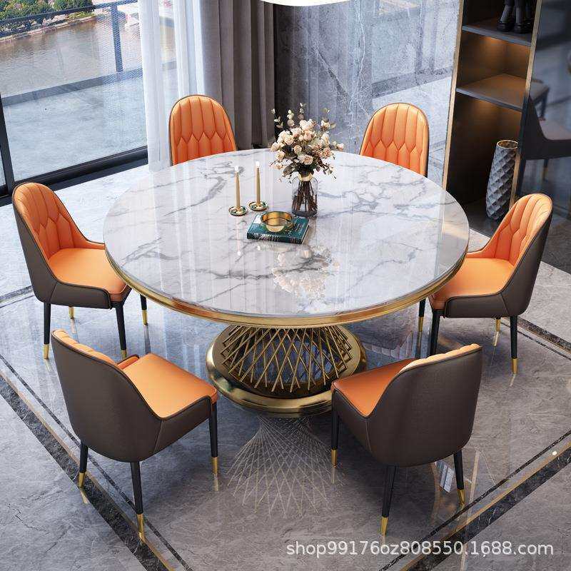 轻奢大理餐桌石椅组合现代简约1001圆形带用转盘饭家桌岩板旋转圆