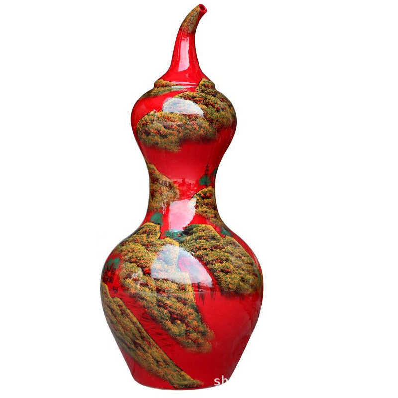 红装饰地大中国瓷瓶景德镇手绘陶瓷器山水画葫芦高温摆件花瓶落